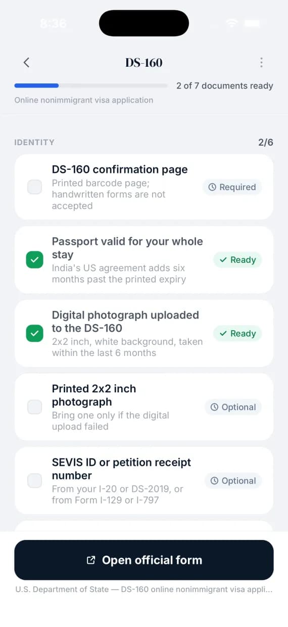 The DS-160 checklist in vdaDocs: passport and digital photograph ticked and marked Ready, the confirmation page still required, each document with a one-line note, and a button reading “Open official form” cited to the U.S. Department of State.