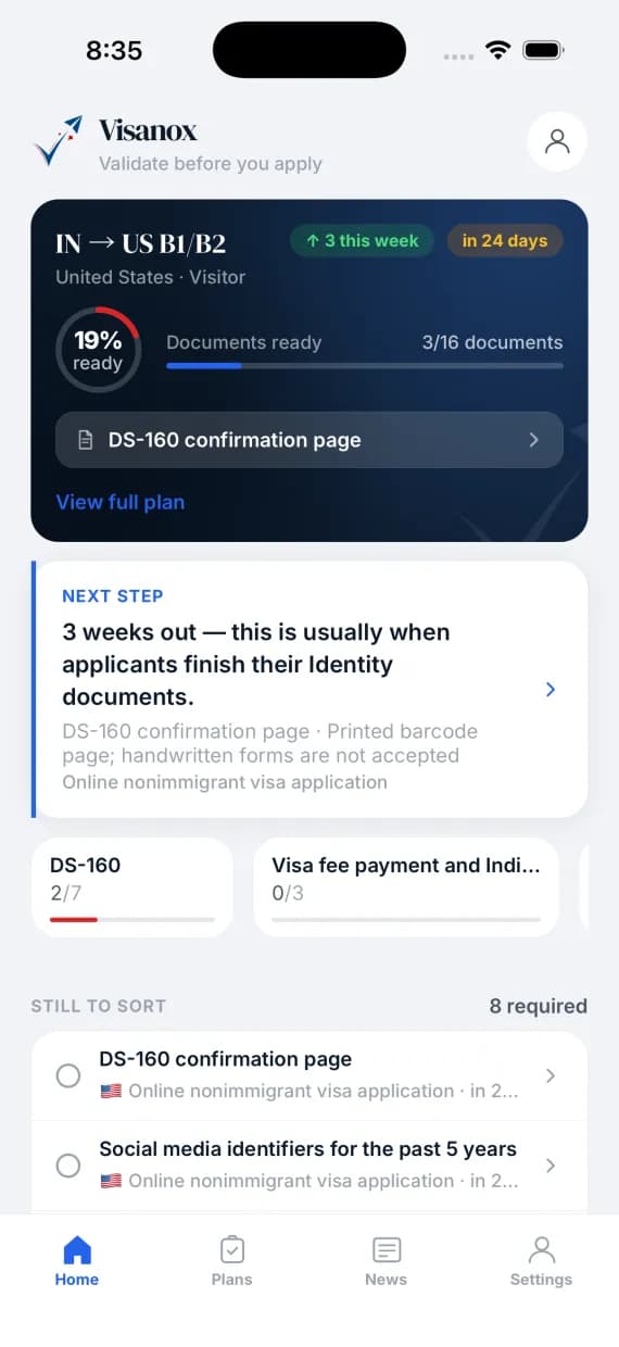 The vdaDocs home screen with an active IN to US B1/B2 plan: a readiness ring at 19%, “3/16 documents”, an amber “in 24 days” badge, and a next-step card naming the documents to finish next.